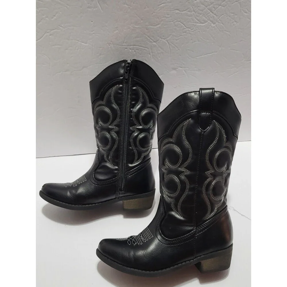 Kids Black Cowboy Boots And White – Size 13